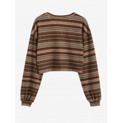 Women's Ethnic Style Tribal Geo Aztec Printed V-notched Pullover Crop Knitwear Sweater